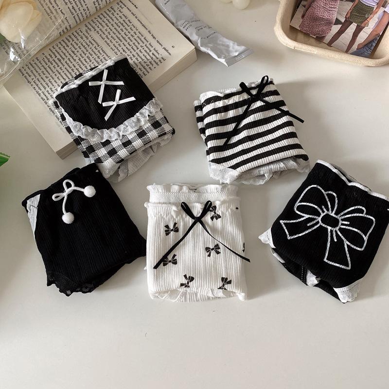 

Women's Panties Japanese Lolita Bow Print Cute Cotton Crotch Breathable Comfortable Wrap Hip Middle Waist Student Triangle Pants WOMEN, Plaid bib