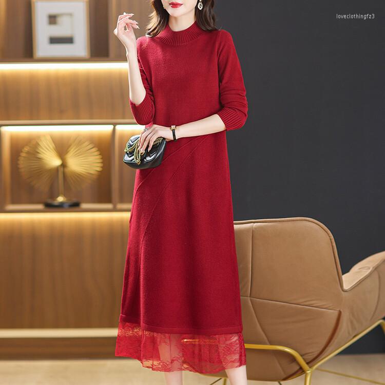

Casual Dresses 2023 Autumn Winter Women Long Sweaters Knitted Dress Half Turtleneck Sleeve Lady Lace Patchwork Pullover, Green