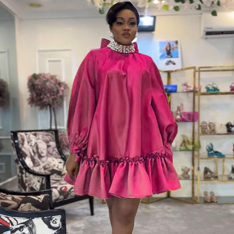 

Casual Dresses Elegant Satin A-line Dress Women Back Bowknot Lantern Sleeve Pearls Stand Collar Big Swing Ruffles Loose Prom Party Mini, Green