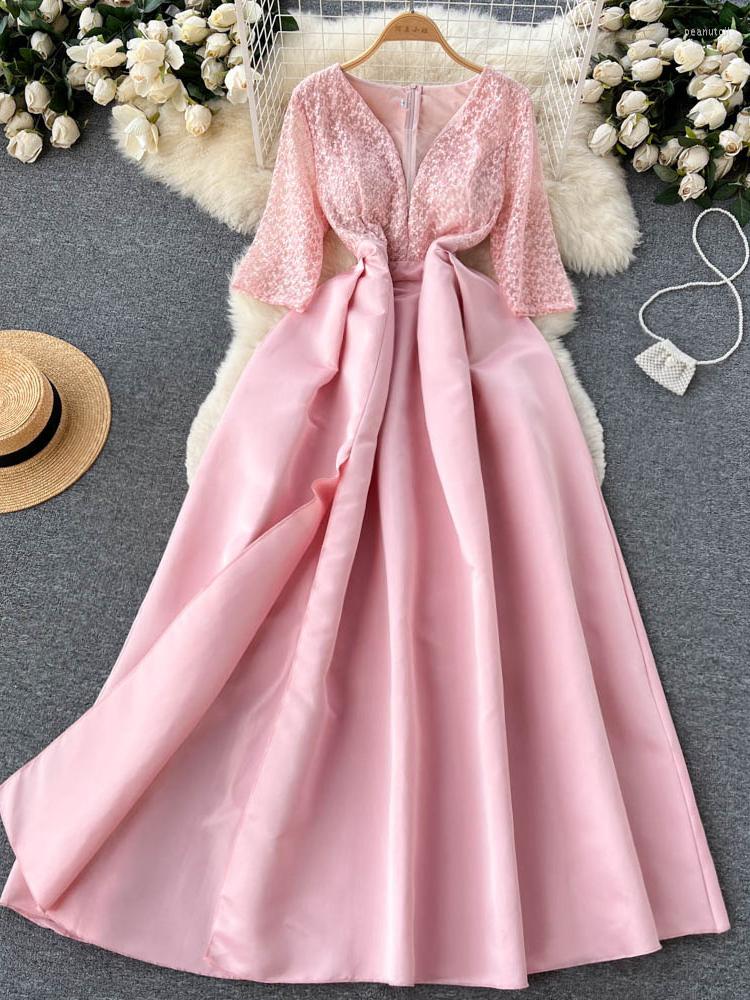 

Casual Dresses Women Pink Party Dress Spring Summer Lace Embroidery Sexy V-Neck Long Ladies Slim A-line Robe Vestidos