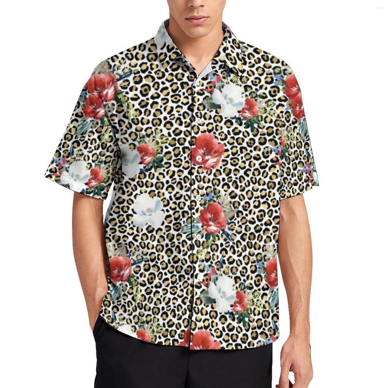 

Men's Casual Shirts Gold Leopard Print Vacation Shirt Men Red White Floral Hawaiian Short-Sleeve Graphic Novelty Oversized Blouses, Style-2