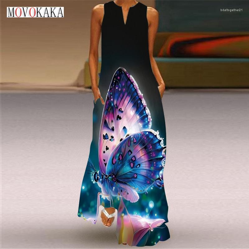 

Casual Dresses MOVOKAKA Ladies Spring Summer Long Dress Sleeveless V-neck Loose Butterfly Printing Elegant Party Black Maxi Women, Vlcq-408