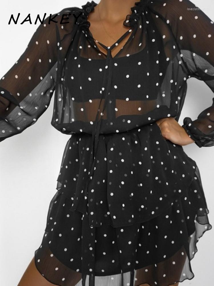 

Casual Dresses NANKEY Women Black Transparent Sexy Chiffon Dress Dot Print Long Sleeve Mini Ruffled Collar Female Vestidos