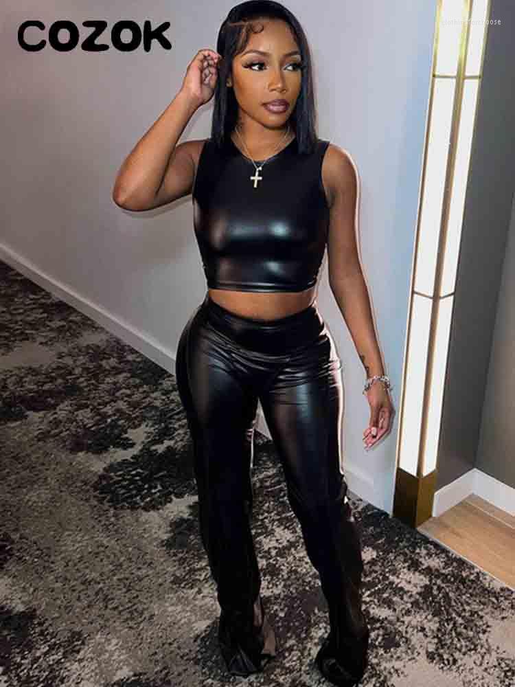 

Women' Two Piece Pants Cozok Leather Set Women Outfits Casual PU Sleeveless Crop Tops And High Waist Skinny Black Long Suit 2023 Summer