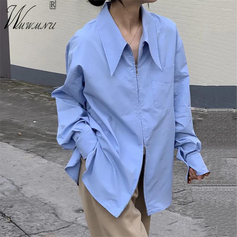 

Women's Blouses Chic Zipper Design Women High Street Blue White Shirts 2023 Loose Casual Shirt Fashion Lapel Long Sleeve Spring Tops