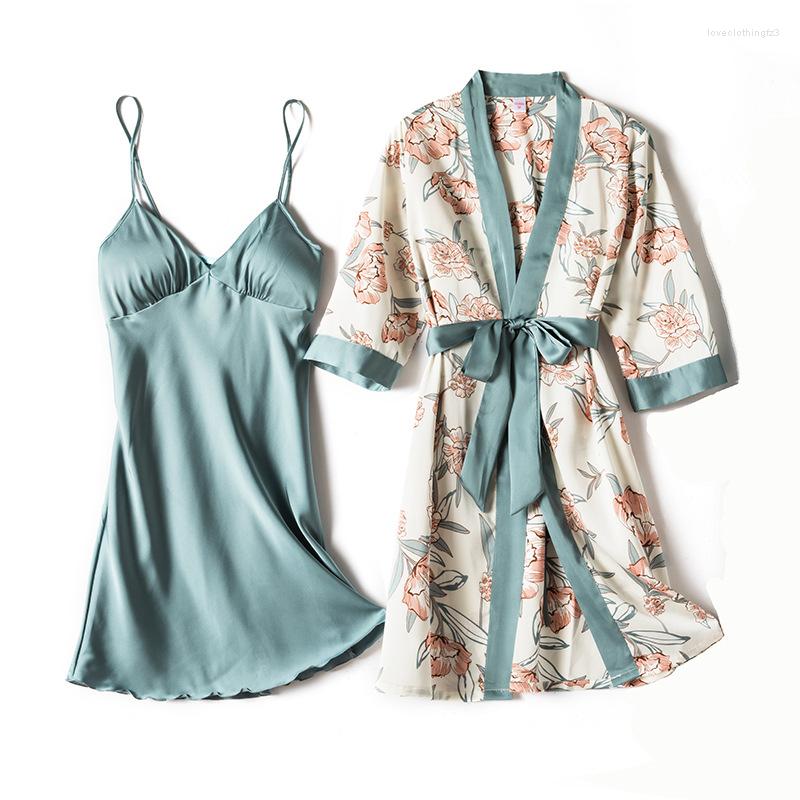 

Women's Sleepwear Sexy Women Satin Casual Intimate Lingerie Flower Robe Set Nightdress Kimono Bathrobe Gown V-Neck Nightwear Loungewear, Grey