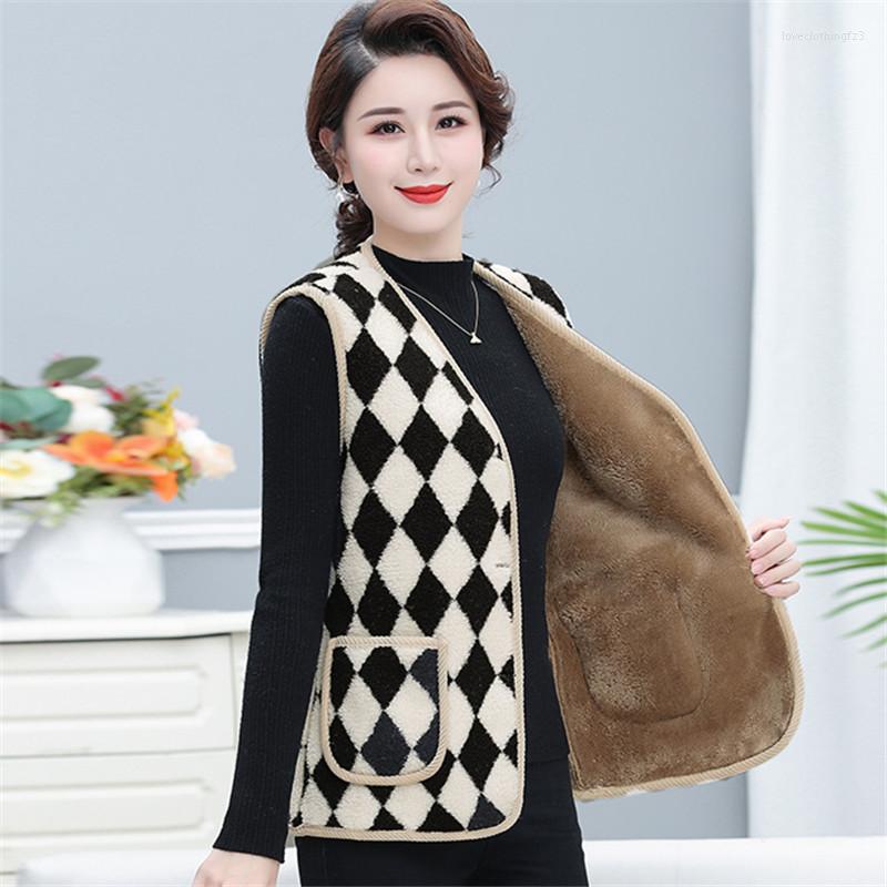 

Women's Vests Fashion Slim Plus Cashmere Warm Plaid Female Blouse Autumn Winter Grain Lambswool Waistcoat Vest Women, Black