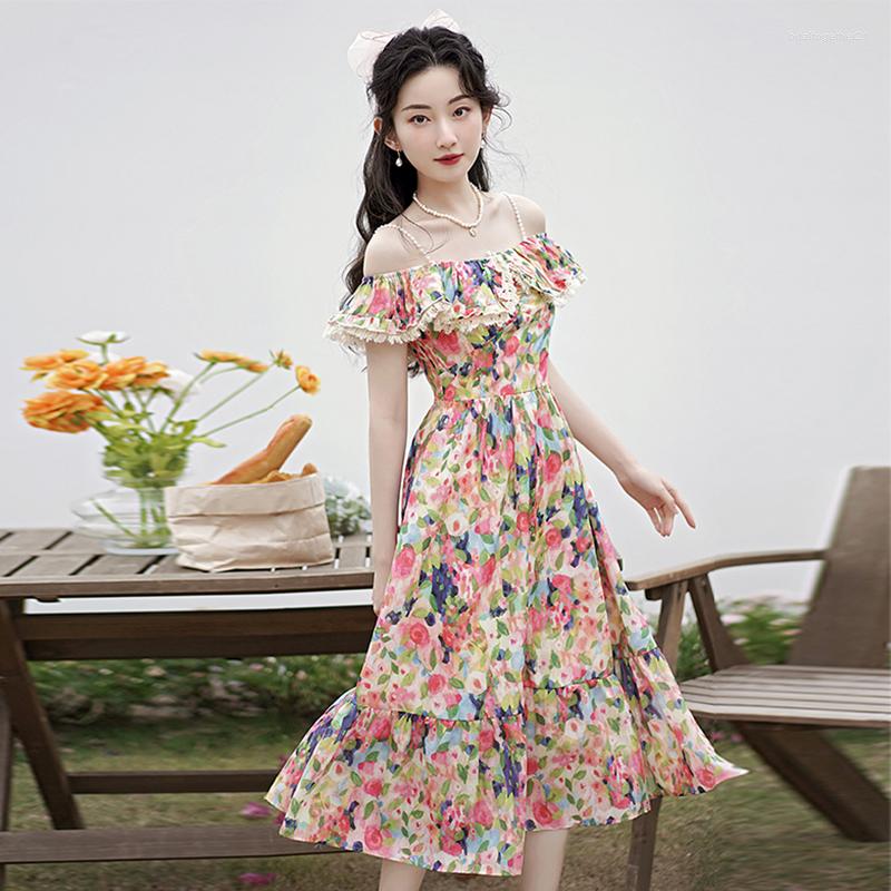 

Casual Dresses French Romantic Chic Dress Pearl Strap Slash Neck Oil Painting Print Tassel Korean Women One-piece Summer Vestido, Floral