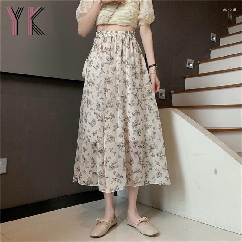 

Skirts Floral Print Elastic High Waist Long Skirt Aesthetic Fairy Grunge Vintage Midi Summer 2023 Korean Fashion Casual Wild Saia, Black