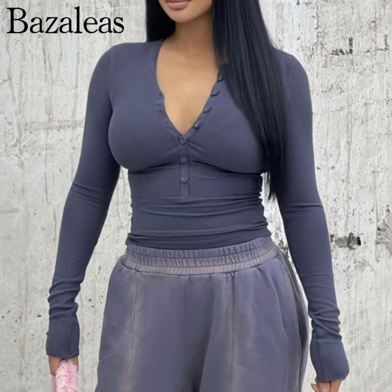 

Women's T Shirts Women 2023 Cotton Knitting Covered Buttons Front Long Sleeve Fit Crop T-shirt, Purple