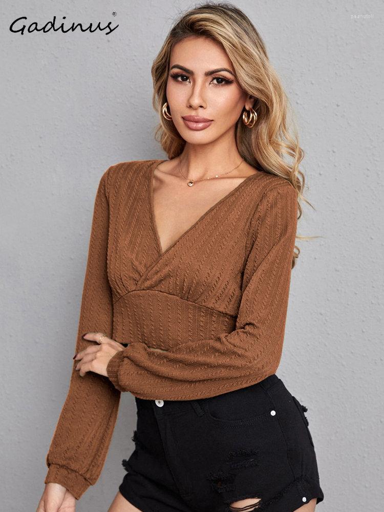 

Women's T Shirts Top Cap V-neck Crop Women Sexy Vintage Y2k Splice Funny Shirt Polyester T-shirt With Long Sleeves Cut Blouses Super-short, Brown