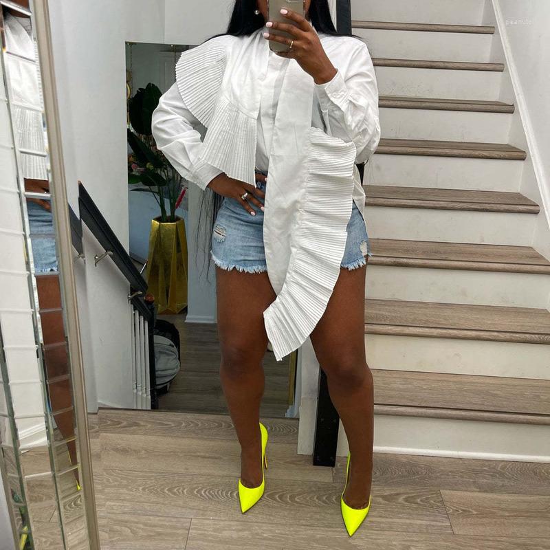 

Women' Blouses WUHE Elegant Pleated Ruffles Blouse Women Tops Vacation Casual Loose Oversized Button Up Cardigan Fashion Shirts Summer, White