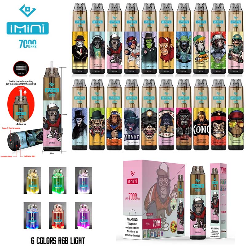

Authentic Imini 7000 Puffs Disposable Vape 15ml Prefilled 850mAh 0% 2% 3% 5% Cigarette Device Leakproof Vapor with 6 RGB Light for Randm Tornado