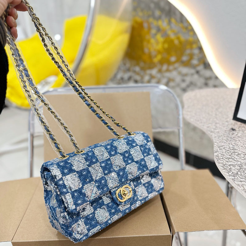 

Designer New Sequin Bags Handbags Women Checkerboard Design Luxury Lady Bag Quilting Glitter Shoulder All-match Crossbody Shopping Folding Gift Box Size 26X16cm, White 26x16cm