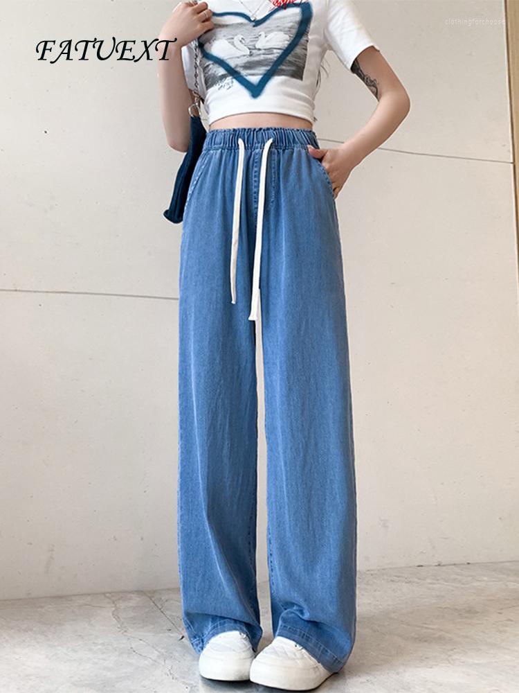 

Women's Jeans Summer Thin Pants Women Baggy Straight Lyocell Denim Trousers Casual Elastic Waist Wide Leg Fashion Streetwear Pant, Blue
