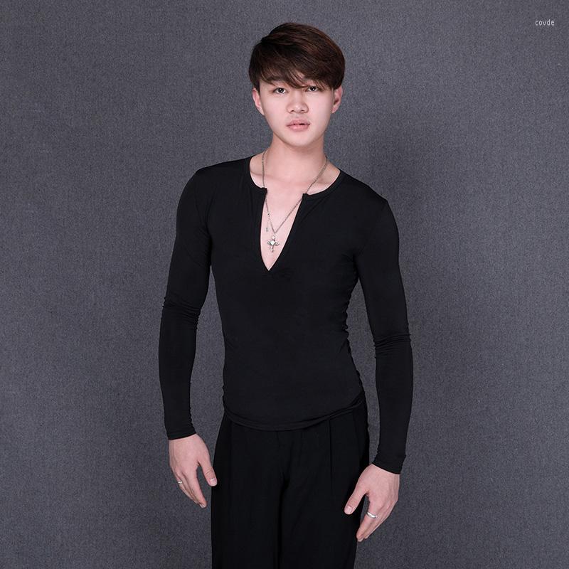 

Stage Wear Ballroom Dance Tops Men V-neck Latin Practice Performance Costume Modern Clothes Tango Dancewear Salsa Outfit JL3271, Black