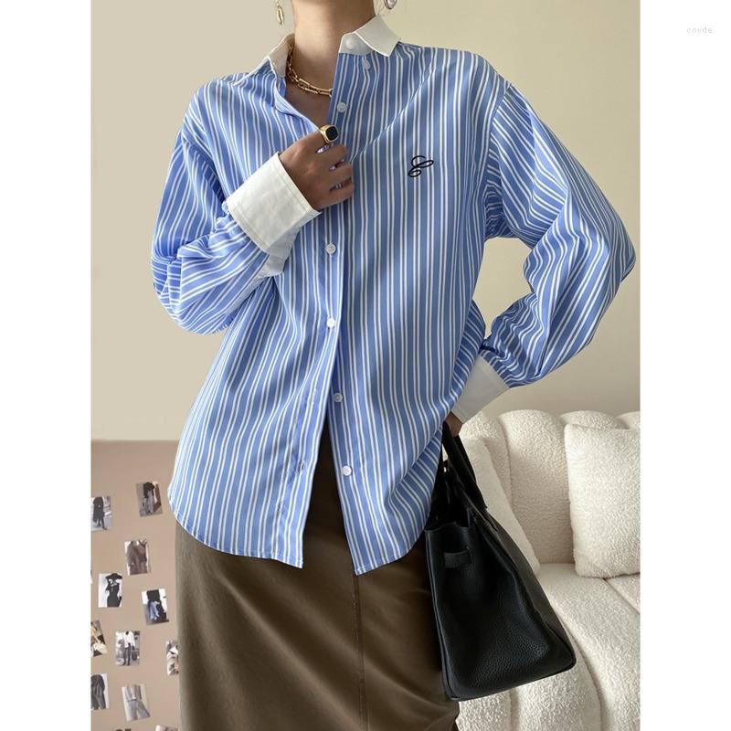 

Women' Blouses Spring Contrast Striped Casual Shirts Turn Down Collar Embroidery Long Sleeve Loose Single Breasted Cotton Shirt Tops, Blue
