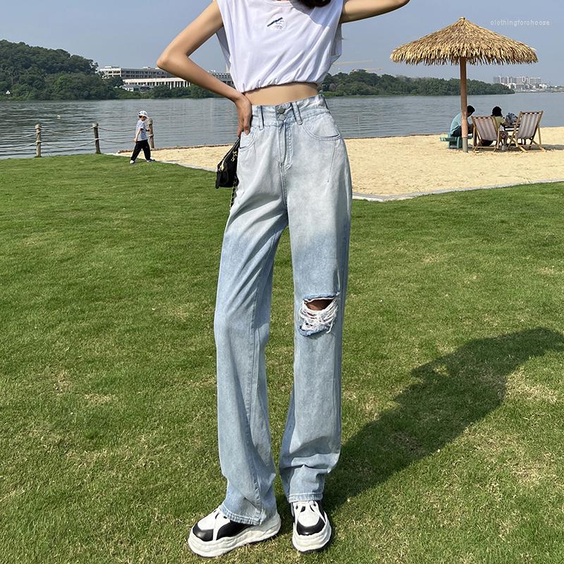 

Women' Jeans Spring Summer Wide Leg Elastic Waist Hole Show Height Thin Light Blue Straight Pants Women Loose Casual Fashion All-match