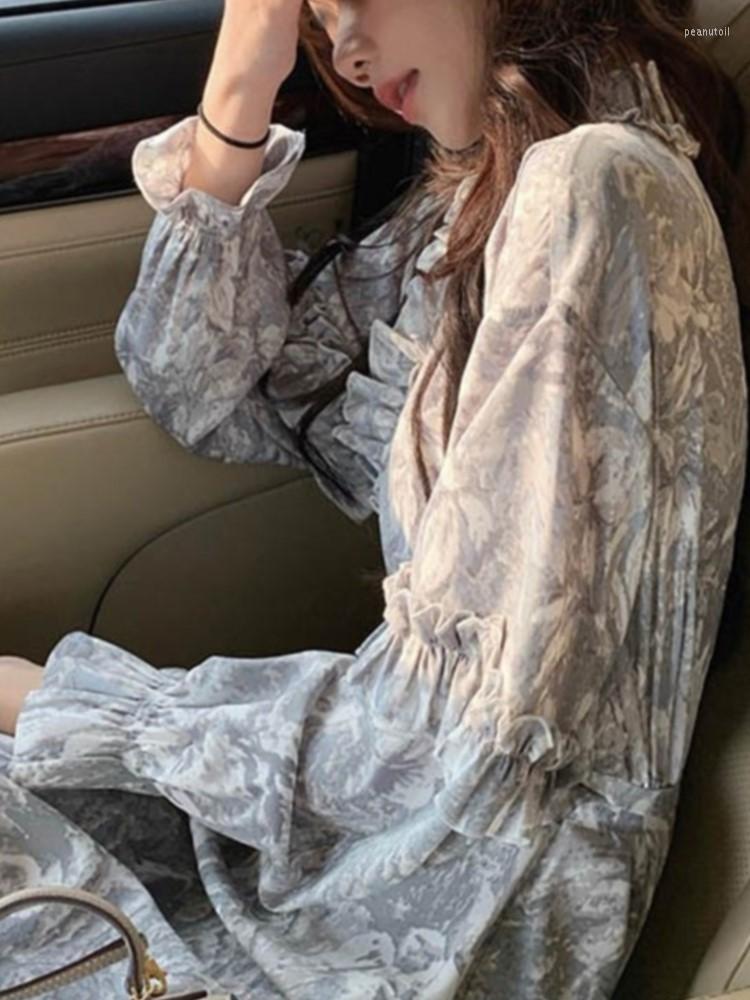 

Casual Dresses Floral Elegant Women Dress Spring Summer Ruffles Boho Beach Holiday Sundress Female Fashion Vintage Chic Mujers Robe, Gray