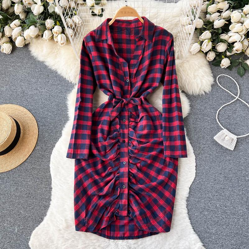 

Casual Dresses 2023 Women Vintage Plaid Print Straight Slim Knee Length Shirt Dress Female Chic Pleats Ruched Folds Vetidos Belt, Red