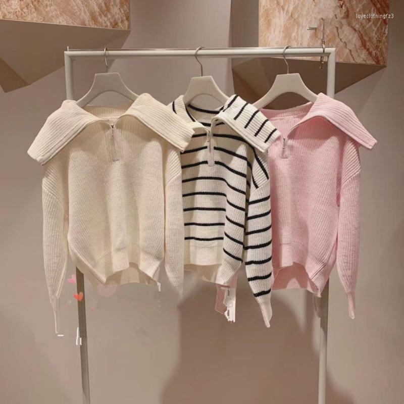 

Women's Sweaters Kuzuwata Large Lapel Zipper Pullover Solid Color Stripe Pull Femme Long Sleeve Sweater Top 2023 Autumn Winter JAPAN Jumpers, Pink