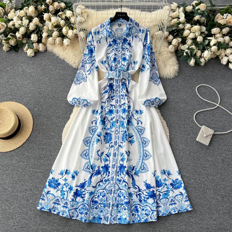 

Casual Dresses Autumn Women Dress Turn Down Neck Puff Sleeve Single Breasted Belt Blue Print Vintage Long Fashion Runway M6655