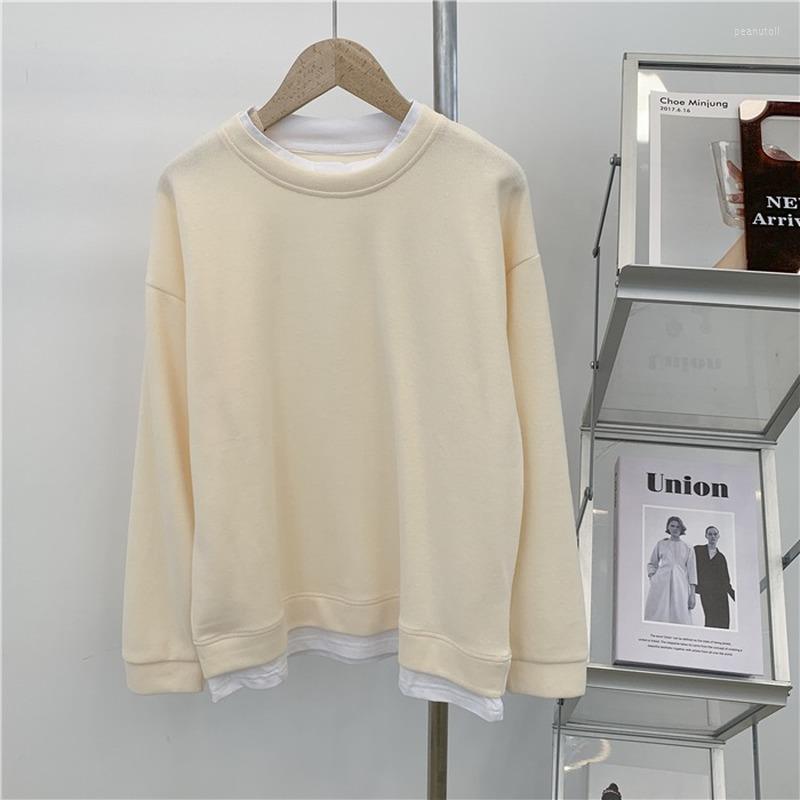 

Women's Hoodies 2023 Autumn Korean Version Fashion Fresh Fake Two-piece Round Neck Pullover Sweater Women's Loose Casual Color Matching, Beige