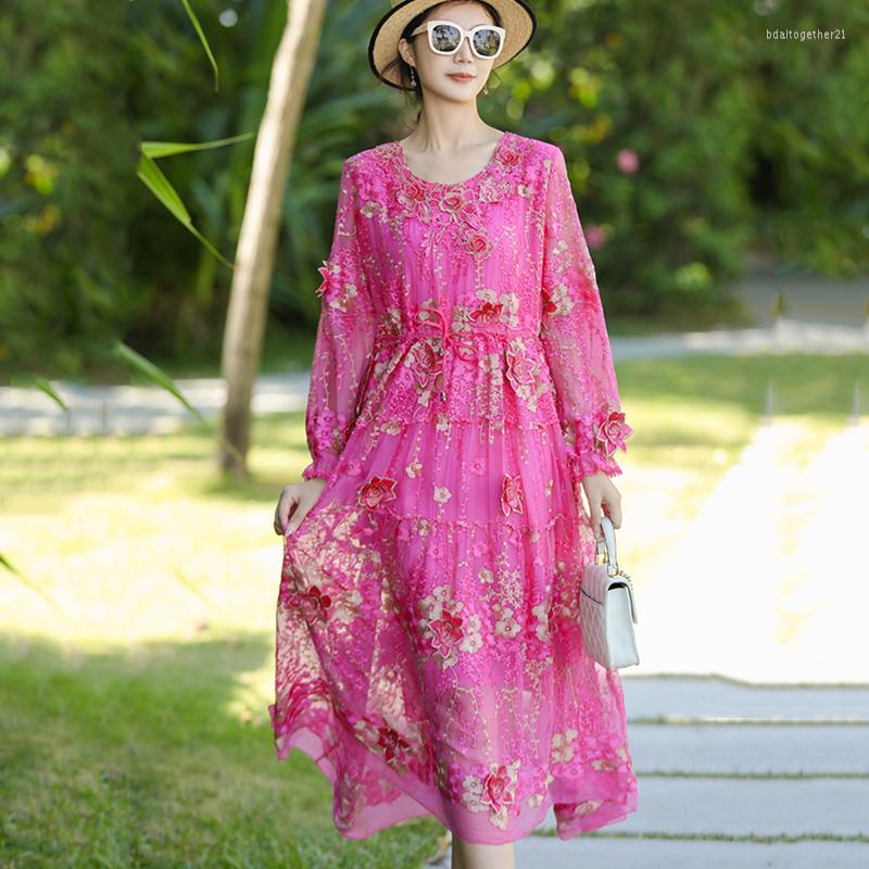 

Casual Dresses Spring Women O-Neck Long-Sleeved Rose Pink Silk Three-Dimensional Embroidery High-Waist Medium-Length Dress, Rose red