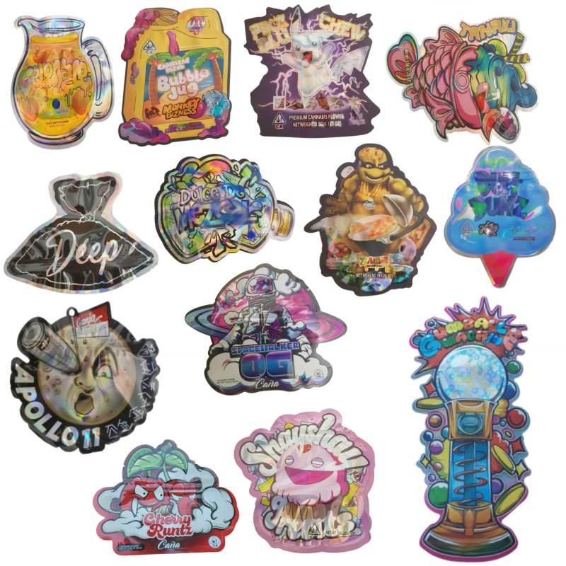 

2023 latest die cut shape mylar bag 3.5 bubble jug candy yogurt deep cherry runtz goat molk japanese peach wham pow whow poppzz custom