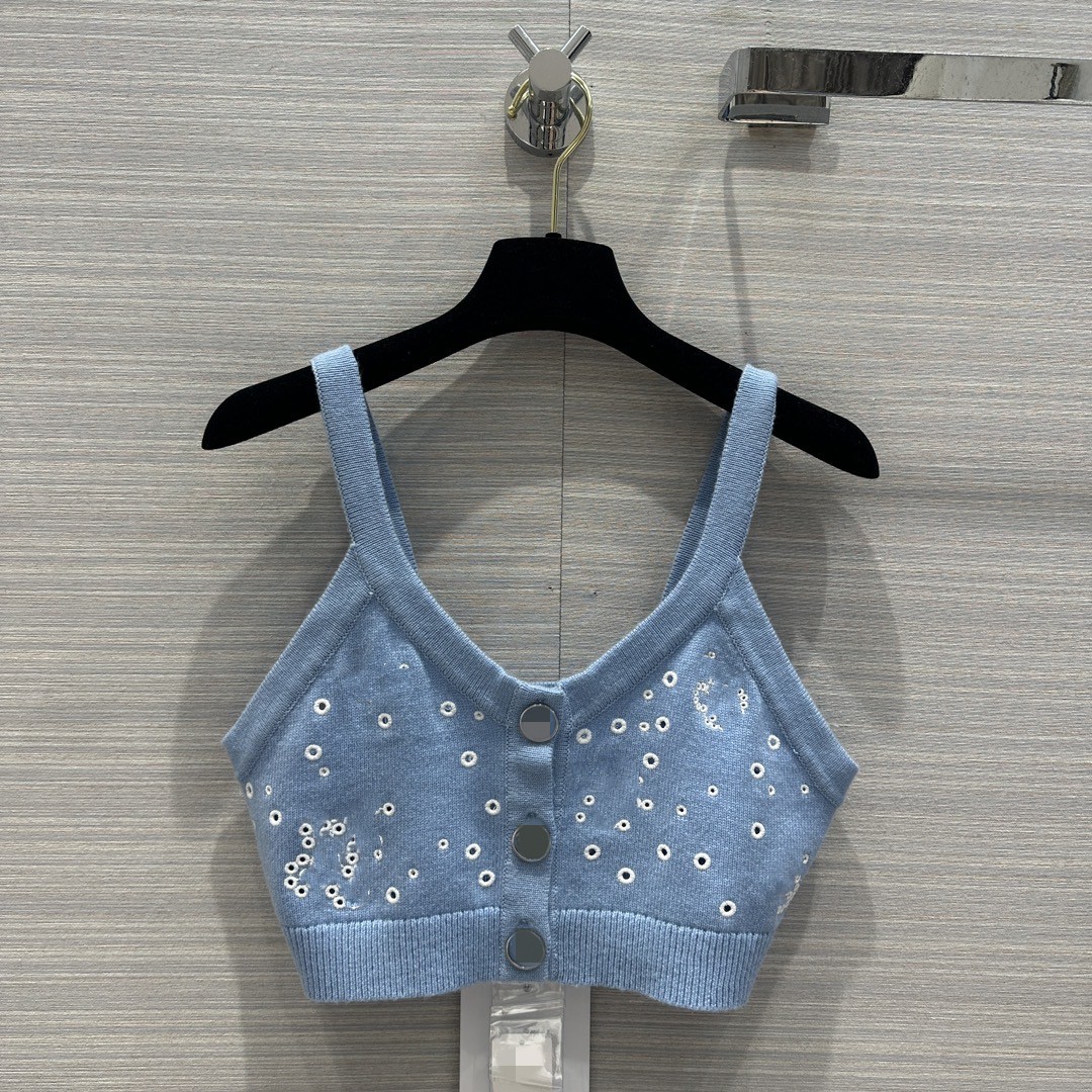 

2023 New Summer Milan Runway Women's Knits & Tees V Neck Women's Sweater High End Jacquard Designer Tops 0610-1, Sky blue