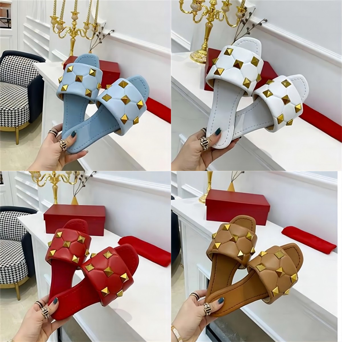 

Shoes Women Roman Sandal Rivet Slides Summer Flat Slipper High Heel Quilted Gold Stud Sexy Sheepskin Mules Bi valentinoes valentinoity Yqp