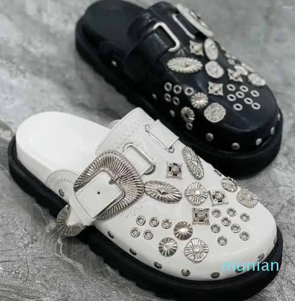 

Sandals Summer Women Slippers Platform Rivets Punk Rock Leather Mules Creative Metal Fittings Casual Party Shoes Female Outdoor Slides, Black