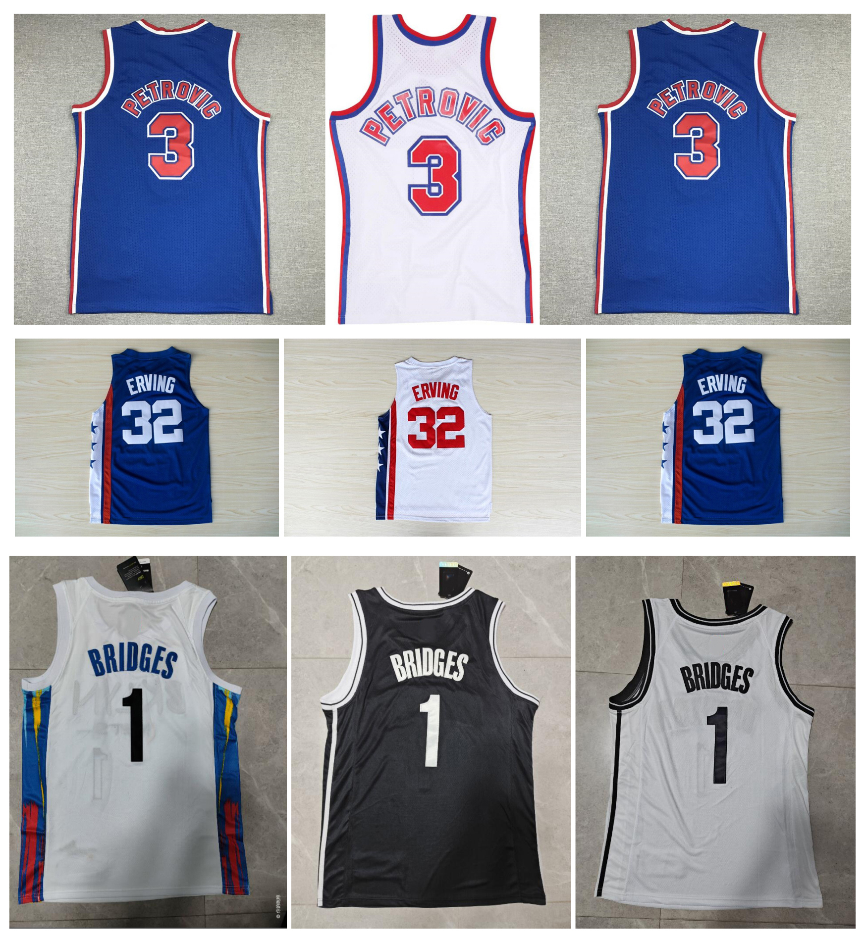 

Net Drazen Petrovic Basketball Jersey New Jersey Mikal Bridges Mitchell & Ness Julius Erving White Blue Black Size -XXL, As pic