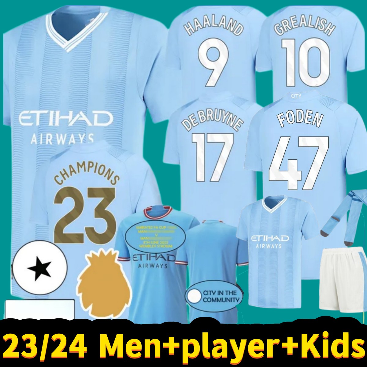 

23 24 HAALAND soccer jerseys DE BRUYNE PHILLIPS MANS CITIES GREALISH FERRAN MAHREZ FODEN BERNARDO JOAO CANCELO Z RODRIGO 2023 2024 Football Shirts Men Kids socks Kit, 23-24 player version home epl patch