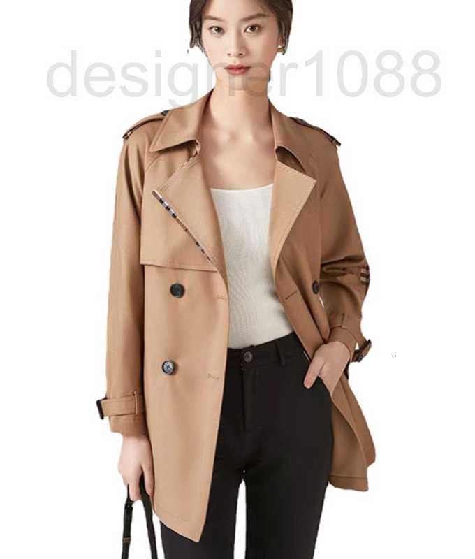 

designer Early Spring B Family Korean Version Windbreaker Medium Long High end Double breasted British Short Coat for Women 41JK, Khaki