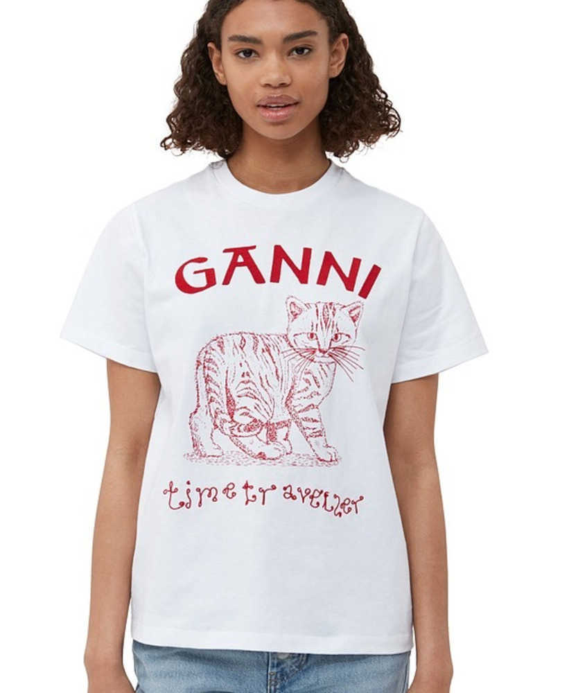 

2023 New Ganni Designer T shirt Cotton Cartoon Design Sense Small White Short Sleeve Tees Women Summer Ins Fashion Tops, 09