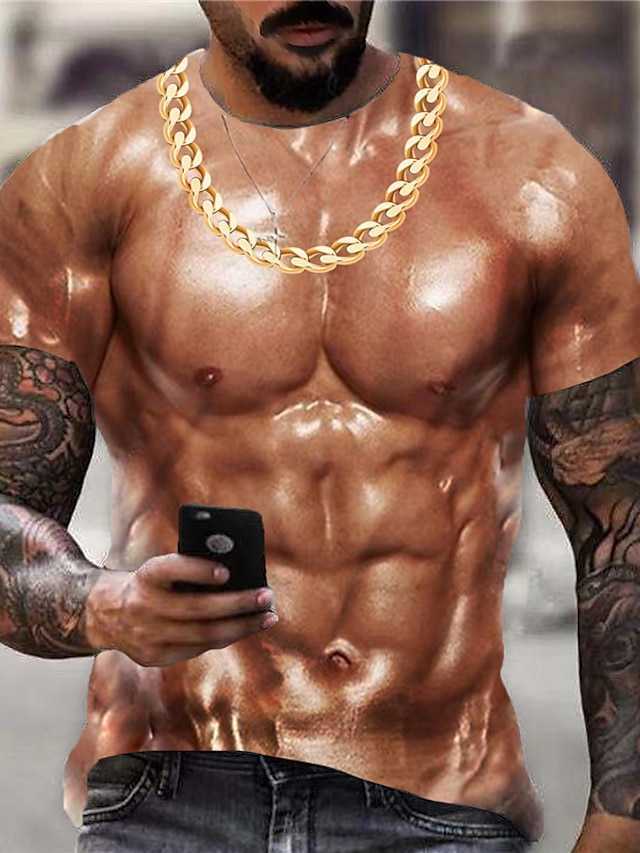 

Men's T shirt Tee 3D Muscle T Shirt Crew Neck 3D Print Daily Sports Short Sleeve Print Clothing Apparel Sports Designer Casual Classic Summer, Yellow