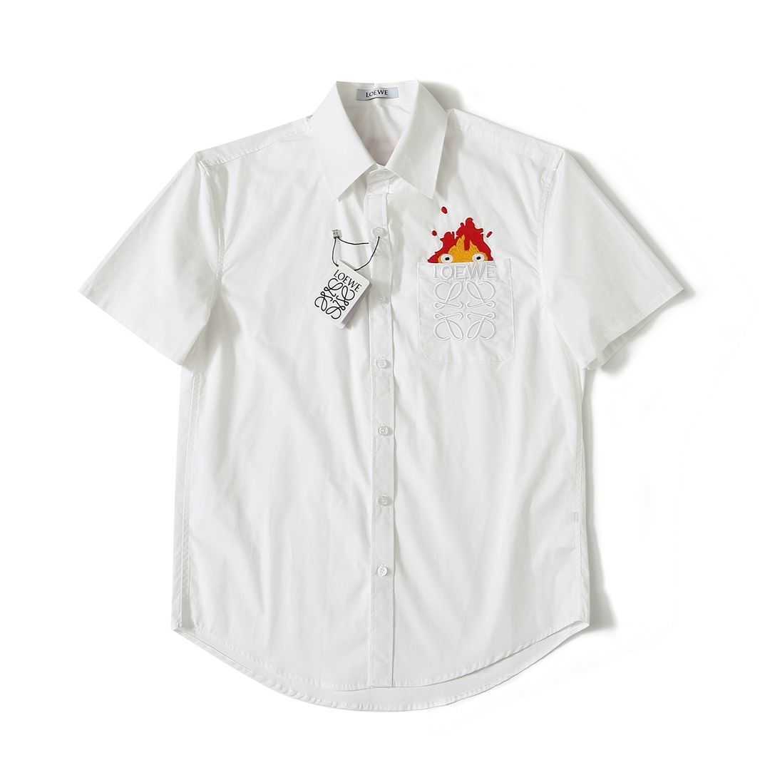 

Designer Fashion Clothing Mens Casual Shirts Loewe Pure Original 23ss Co Branded Hals Mobile Castle Small Flame Embroidered Short Sleeve Shirt Short Long Sleeve Str, Shipping fee