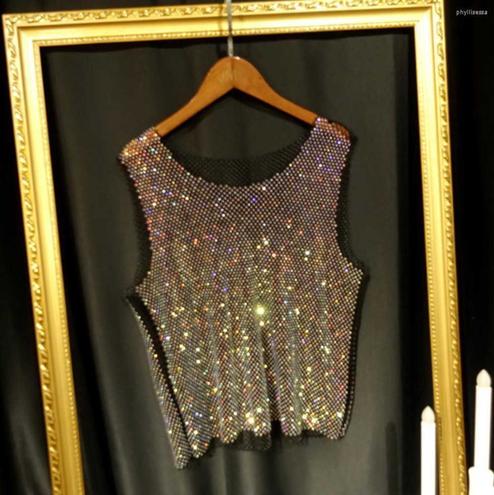 

Women's T-Shirt Sidaimi Women Crystal Beading Rhinestone Shiny Sexy Tank Top High Quality Party Club Hollow Out Diamonds Stamping Camis TopW, White