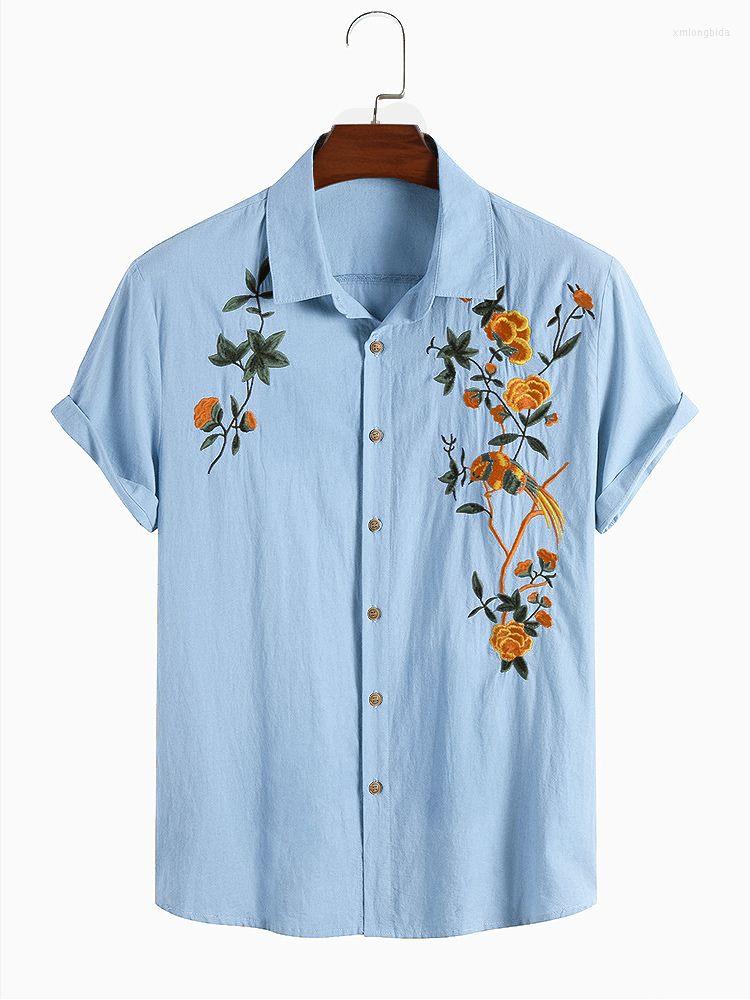 

Men's Casual Shirts CharmkpR Tops 2023 Men's Cotton Breathable Printed Embroidered Button Up Blouse Simple Male Short Sleeve S-2XL, Blue
