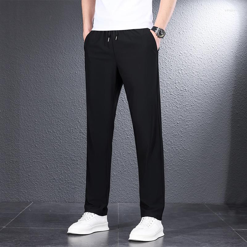 

Men's Pants Spring And Summer Ice Silk Thin Casual Men's Trend Fashion Elastic Waist Loose Quick Dry Straight Long, Black