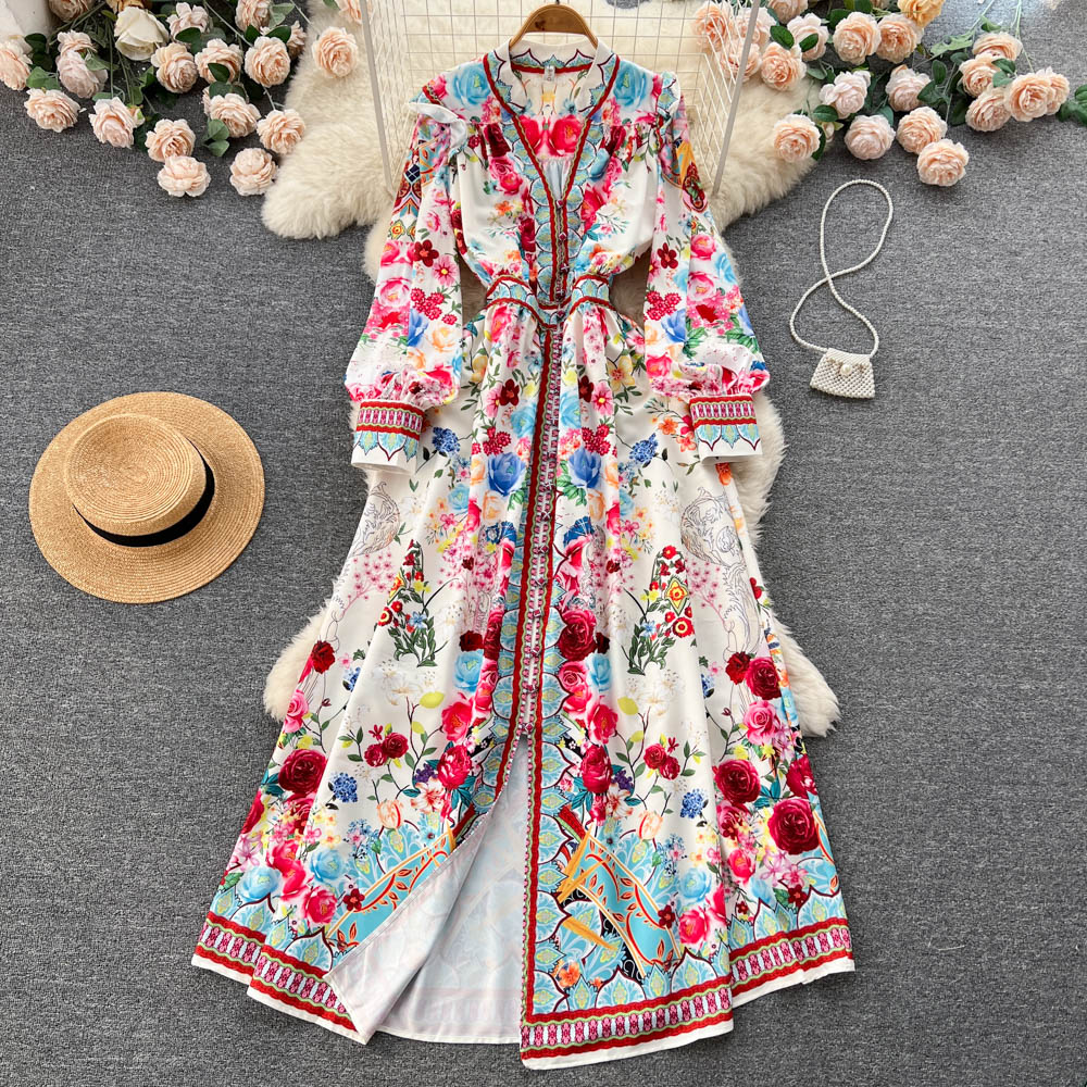 

2023 Casual Dresses Autumn Winter Vacation Flower Long Dress Women's V-Neck Single-Breasted Lantern Sleeve Retro Print Bohemian Vestidos Robes, Same as picture