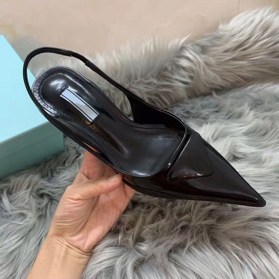 

Sandals Pointed Toe High Heels Pumps P Triangle Sheepskin Fashion Style Women Rivet Star Patent Leather Bridal Wedding Party Womens Sexy Shoes with Dust Bag, White shiny 3.5cm