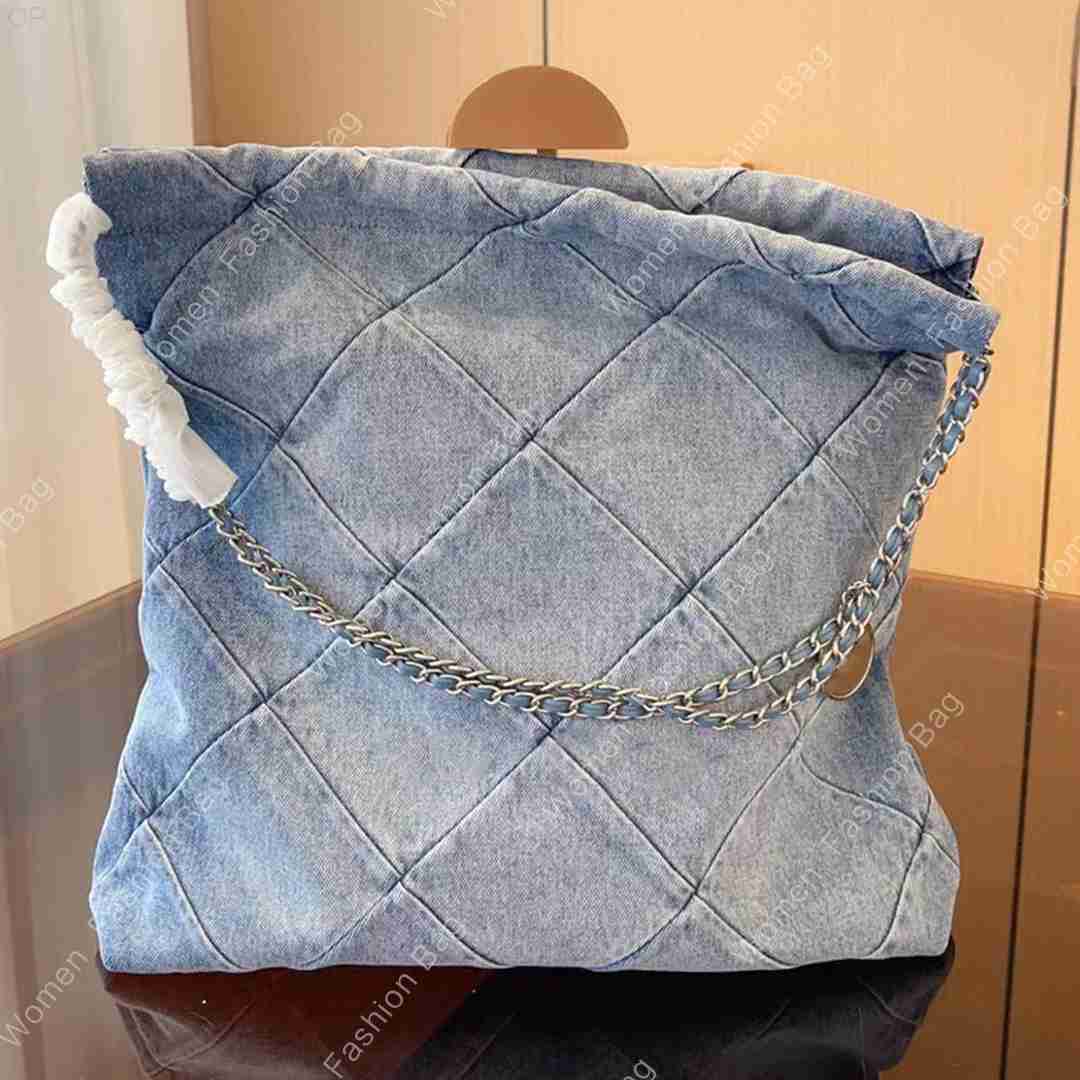 

Denim Bag Channel 22 Designer Grand Shopping Tote Travel Woman Sling Body Most Expensive Handbag with Silver Chain Gabrielle QuiltedEH, Light blue