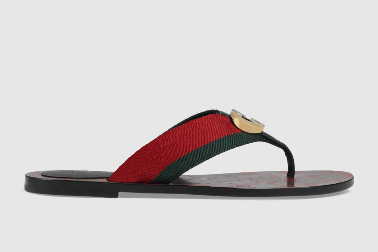 

Luxury Leather Thong Slippers Men Women Double G Slides Summer Beach Slides Flat Green Red Nylon Flip Flops Web Straps Sandals Size 35-46