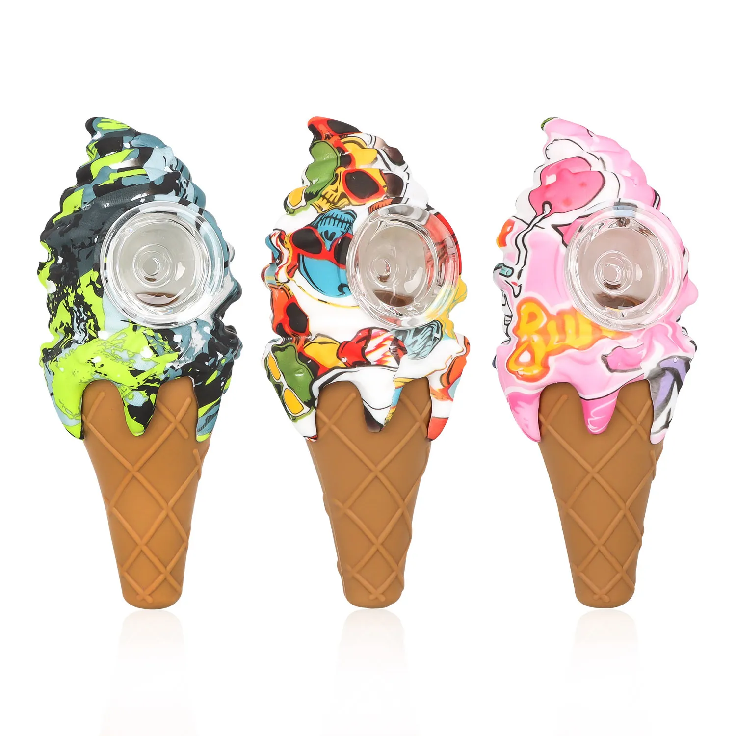 

Bong Ice cream silicone pipes new arrival with thick glass bowl spoon Hand Pocket smoking tobacco pipe Water transfer printing colors