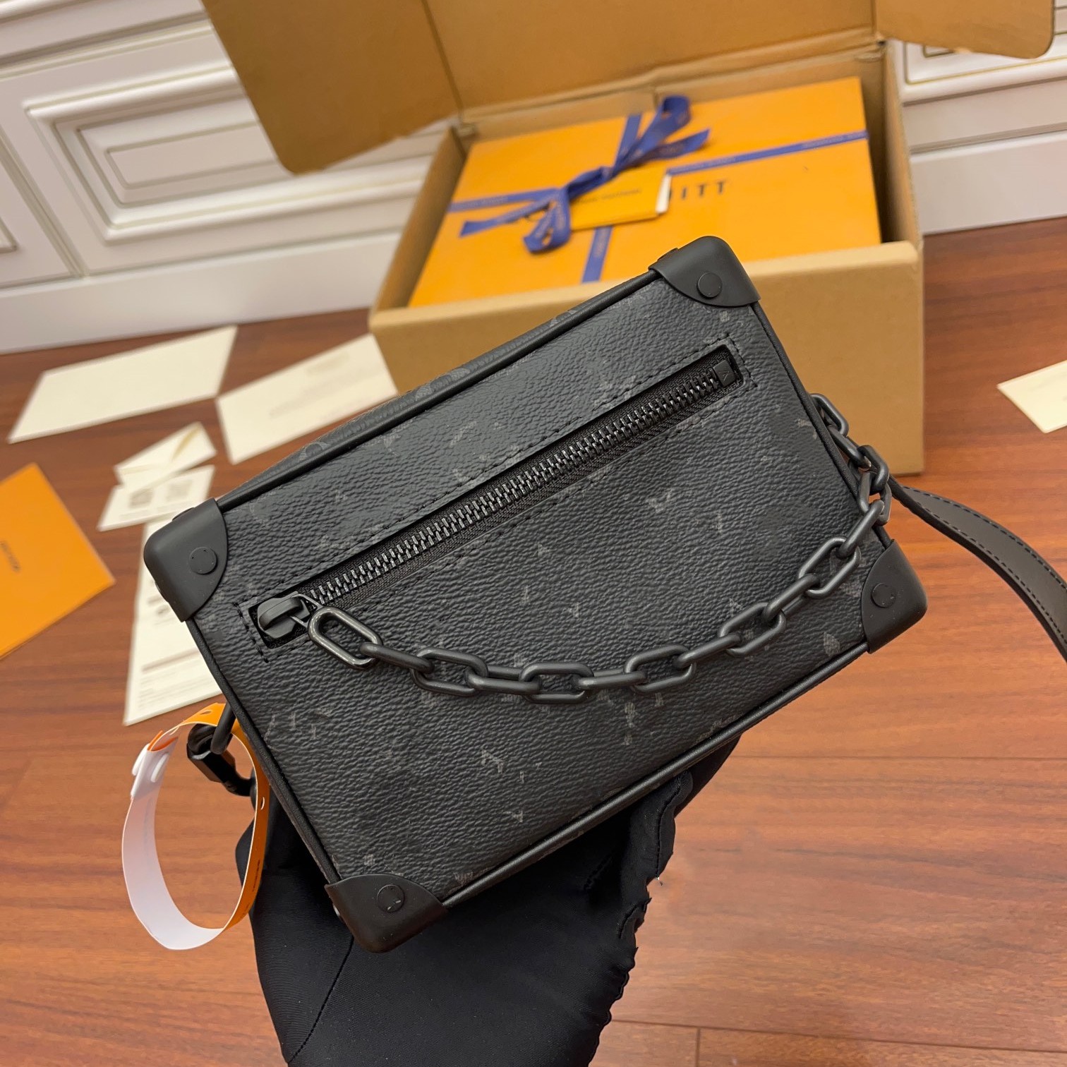 

retro Mini soft trunk box grey flower bag Womens Man designer Cosmetic case tote handbag clutch Genuine Leather cross body Shoulder chain bag, Orange