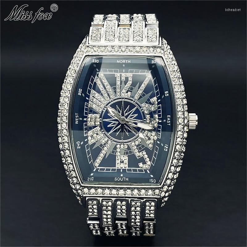 

Wristwatches MISSFOX Iced Watches Men Fashion Quartz Wristwatch Diamond Waterprof Luminous Tonneau Clock Male Gift, V319a-sblue