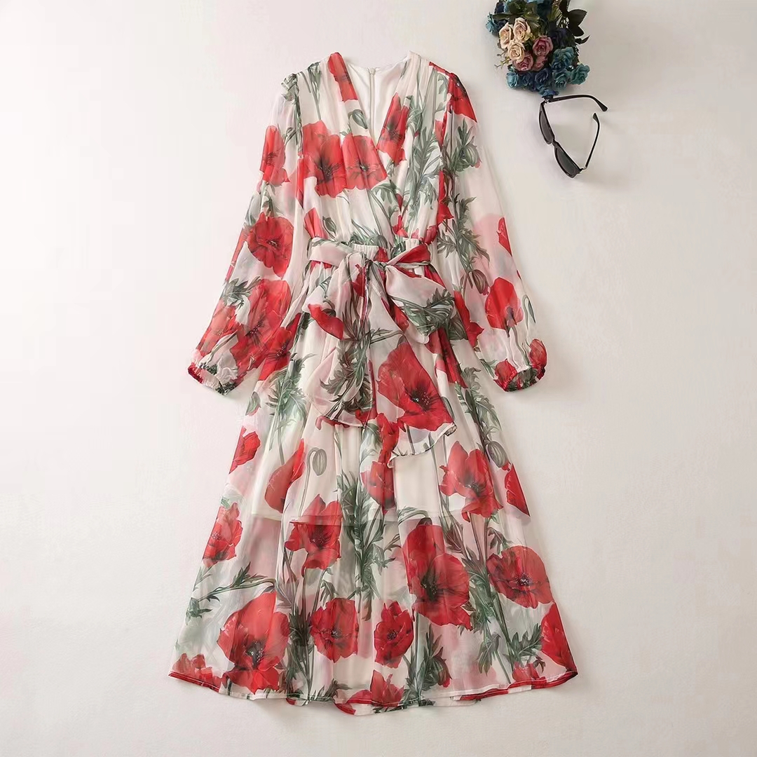 

European and American women' clothes 2023 spring new Long sleeve V-neck Red flower print fashion Pleated Dress