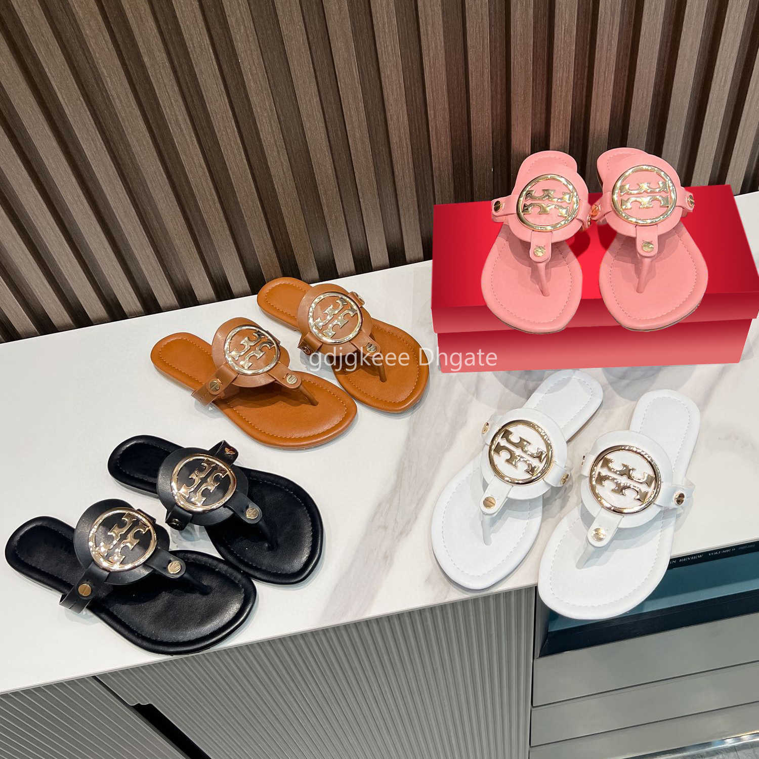 2023 designer tb sandals Women Shoe round metal logo Tory Slipper Summer Leather Women Sandal Casual Slides Outdoor Female Flip Flops dhgate desi-image-875668907
